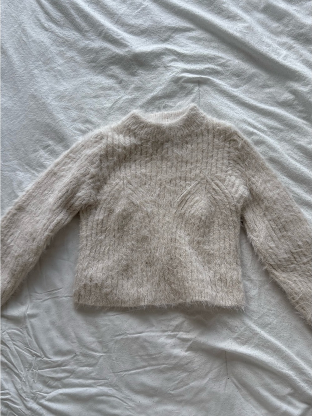 Bershka Cream Fuzzy Ribbed Turtleneck Sweater